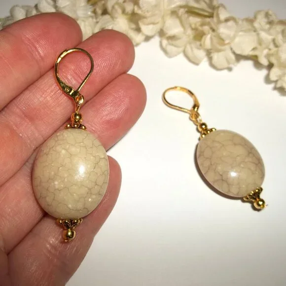 Tan Statement Earrings Gold Dangle Drop Beaded Jewelry Gift Set Woman Oval C763 - Picture 6 of 6